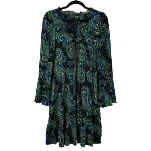 Tiana B. Medium Vibrant Paisley Print Ruffle Hem Dress Black Green Boho Indie